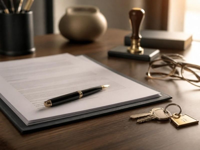 Table de signature chez le notaire avec documents, stylo et clés