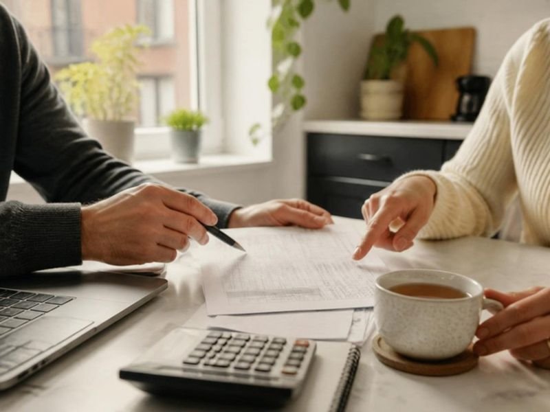 Deux personnes qui établissent un budget à la table de cuisine