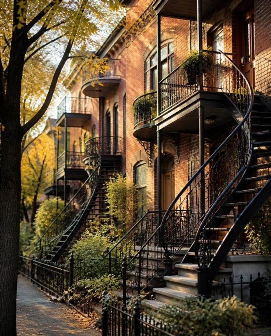 Rue de plex montréalais avec escaliers extérieurs en automne