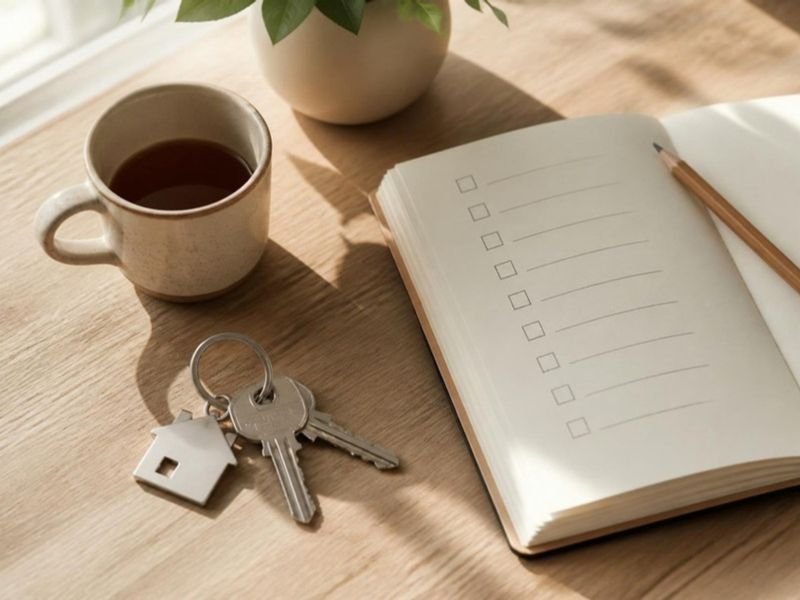 Clés de maison et carnet de liste à cocher sur une table en bois