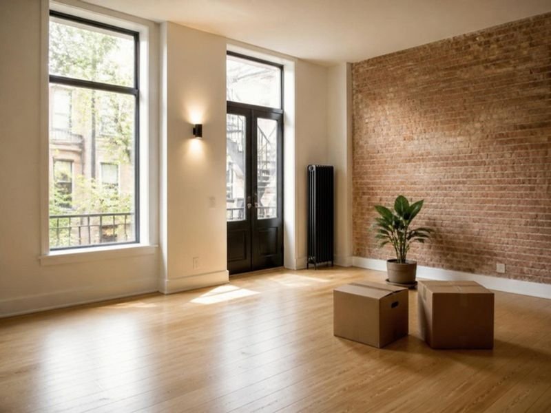 Salon vide et lumineux d'un condo montréalais avec mur de brique
